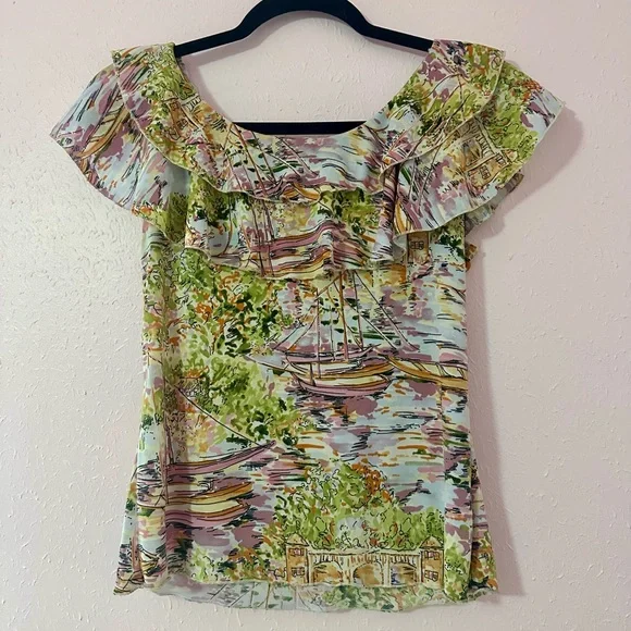 Vintage Summertime Boat Pattern Pink and Green Blouse and Skirt Set - Picture 2 of 7